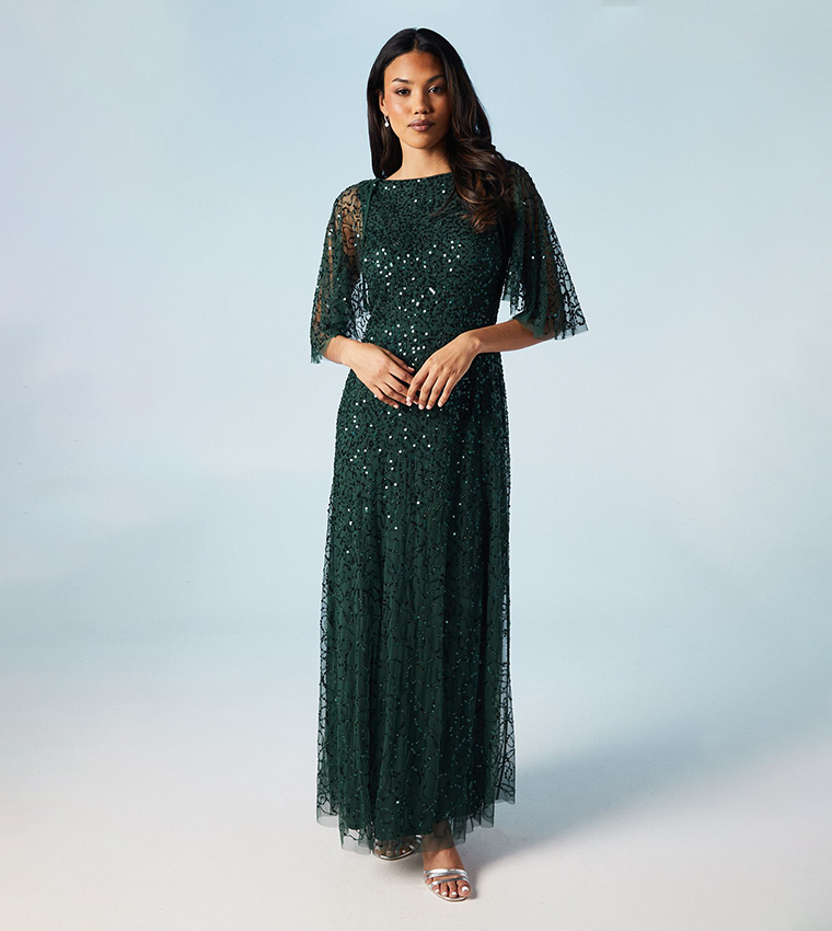 Sequined Cape Sleeves Bridesmaids Maxi Dress