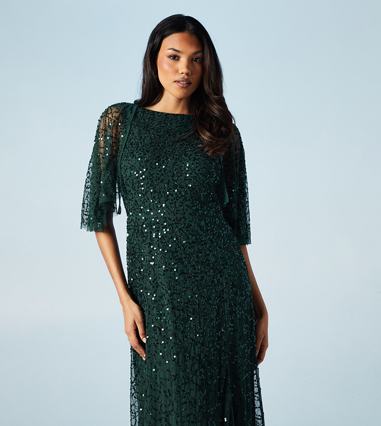 Sequined Cape Sleeves Bridesmaids Maxi Dress