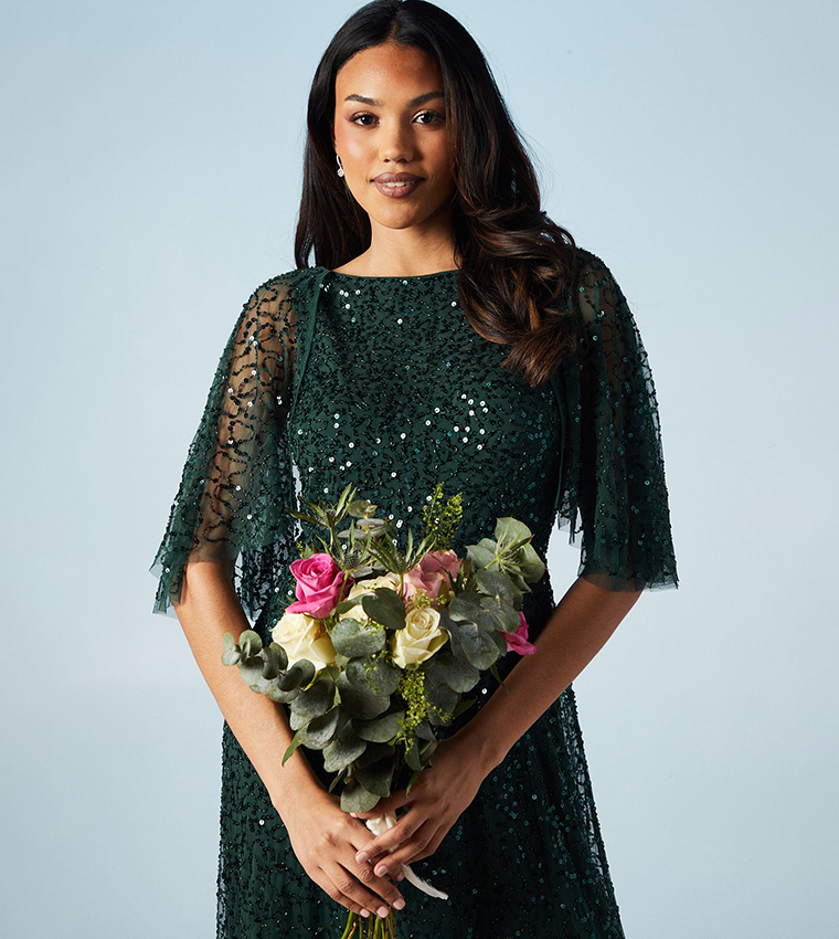 Sequined Cape Sleeves Bridesmaids Maxi Dress