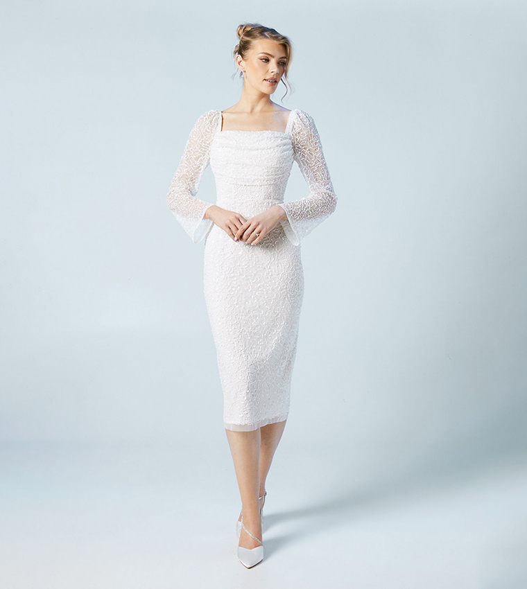 Sequined Flared Sleeves Column Midi Dress