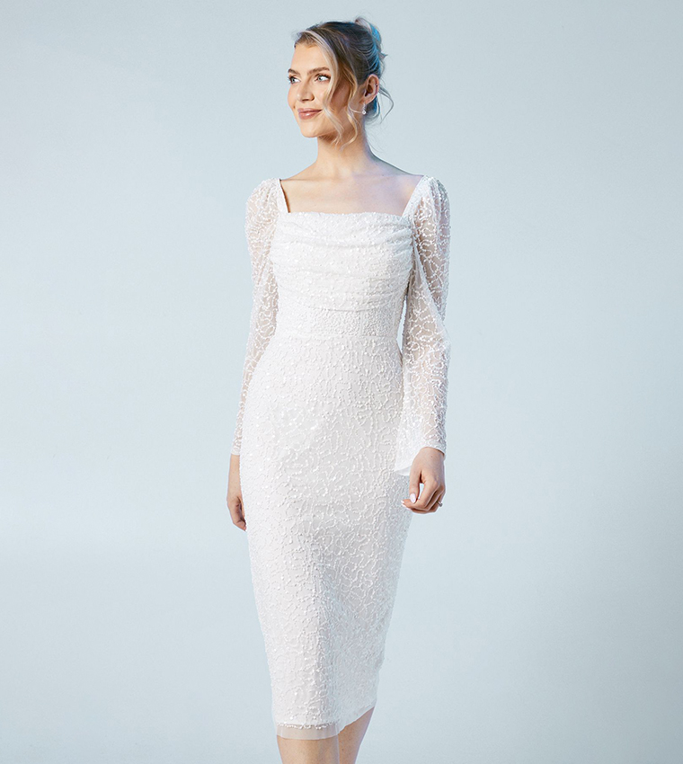 Sequined Flared Sleeves Column Midi Dress