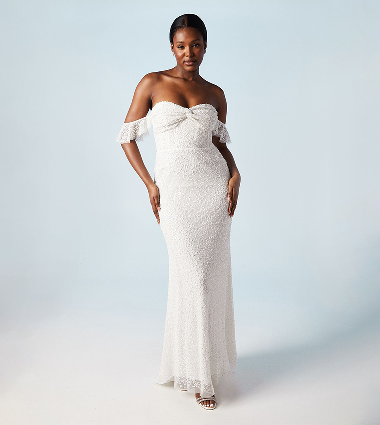 Embellished Twist Detail Off Shoulder Fishtail Maxi Wedding Dress