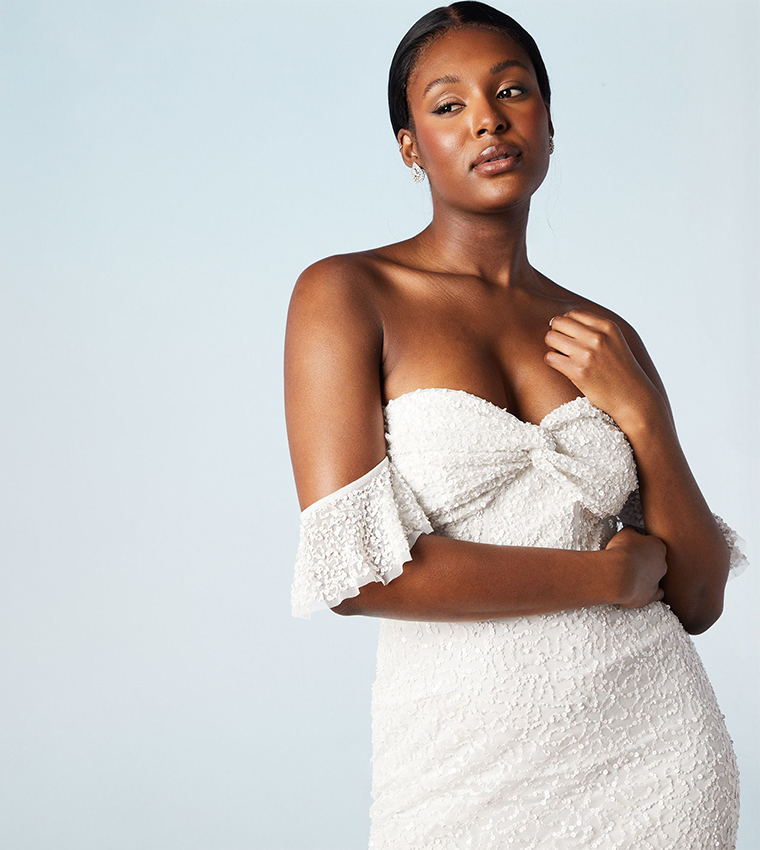 Embellished Twist Detail Off Shoulder Fishtail Maxi Wedding Dress
