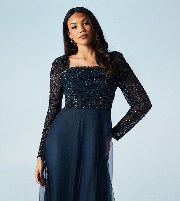 Sequined Long Sleeves Corset Tulle Bridesmaids Dress