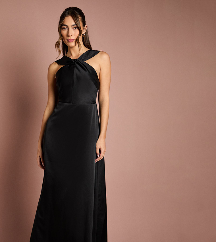 Twisted Halterneck Satin Party Maxi Dress