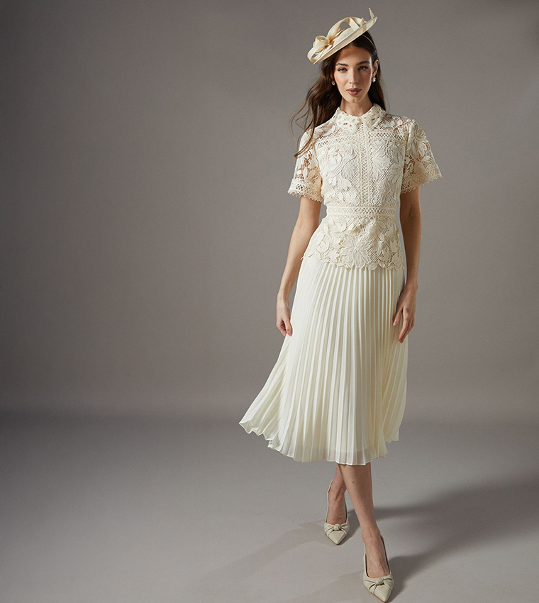 white lace top pleated midi dress Bronte White Pleated Floral Lace Midi Dress