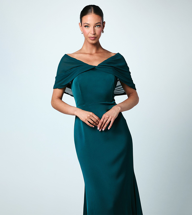 Chiffon Bardot Satin Bridesmaids Maxi Dress