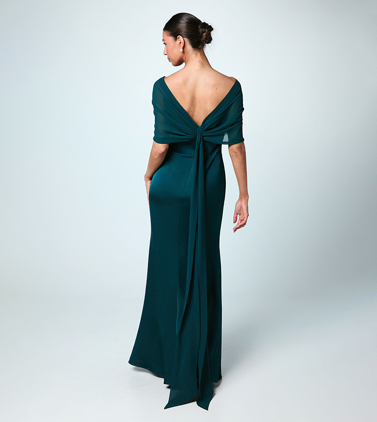 Chiffon Bardot Satin Bridesmaids Maxi Dress