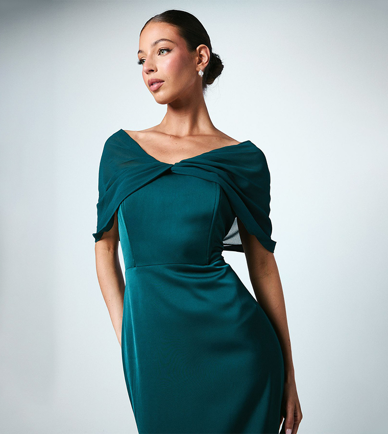 Chiffon Bardot Satin Bridesmaids Maxi Dress