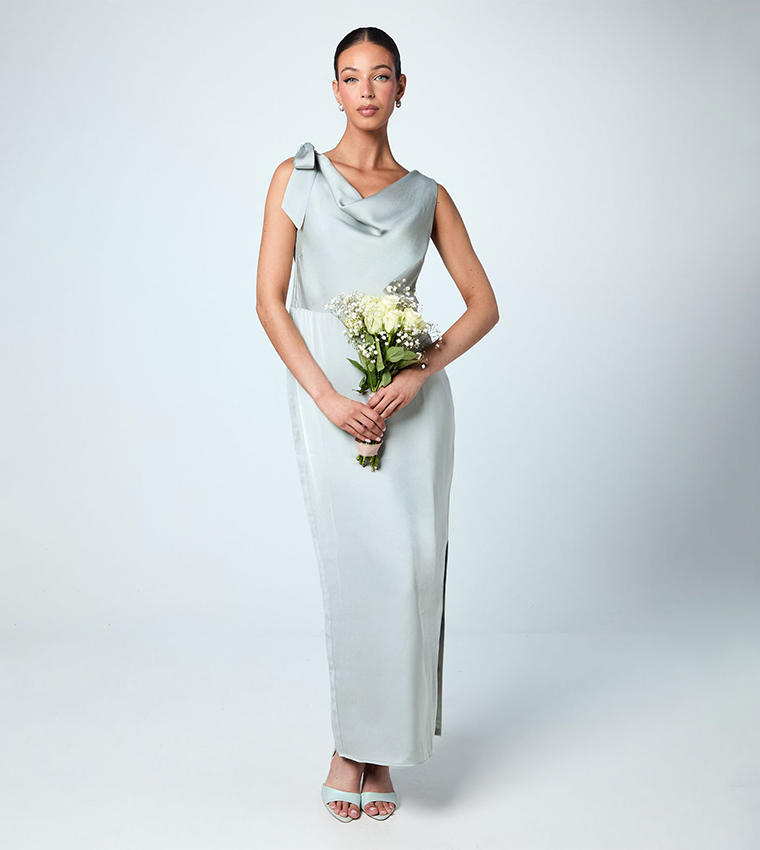 Cowl Detail Tie Shoulder Column Satin Bridesmaids Maxi Dress