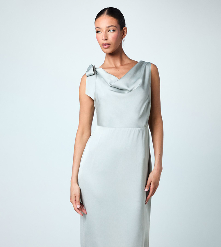 Cowl Detail Tie Shoulder Column Satin Bridesmaids Maxi Dress