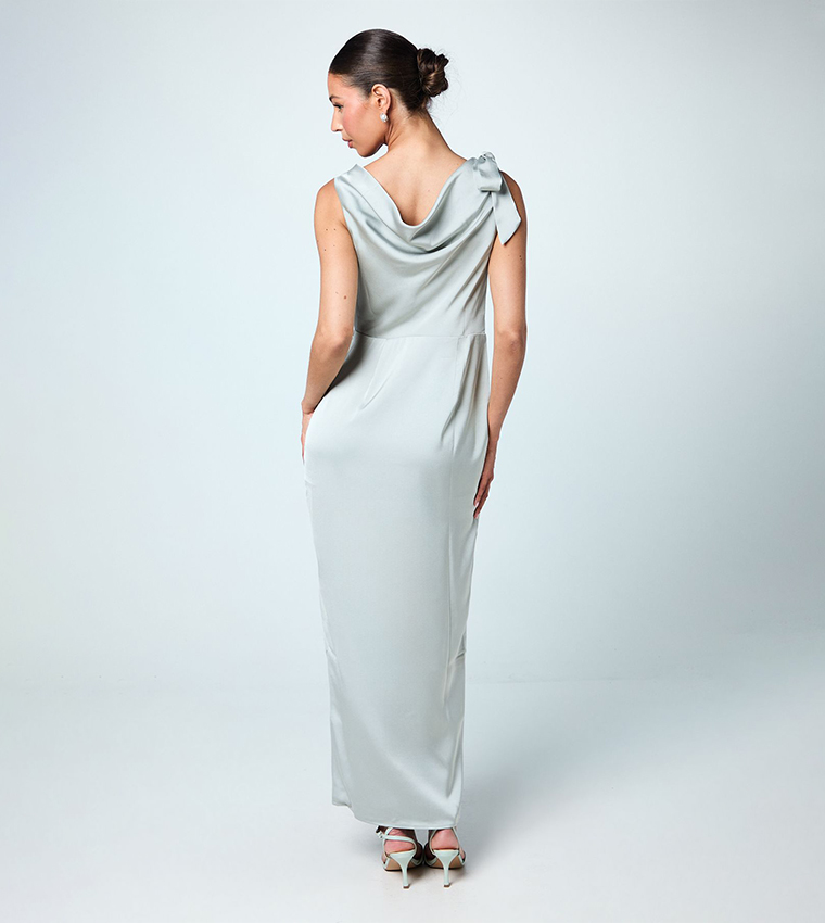 Cowl Detail Tie Shoulder Column Satin Bridesmaids Maxi Dress