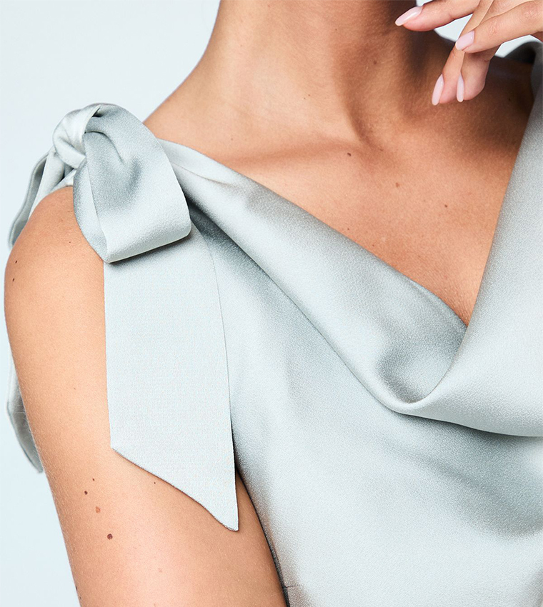 Cowl Detail Tie Shoulder Column Satin Bridesmaids Maxi Dress
