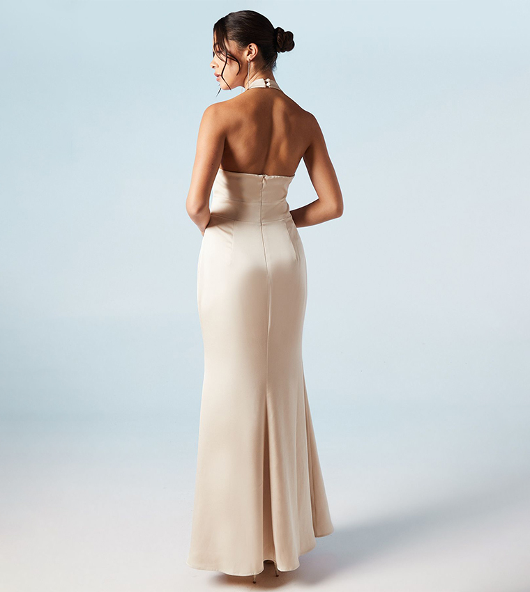 Solid Halterneck Satin Bridesmaids Maxi Dress
