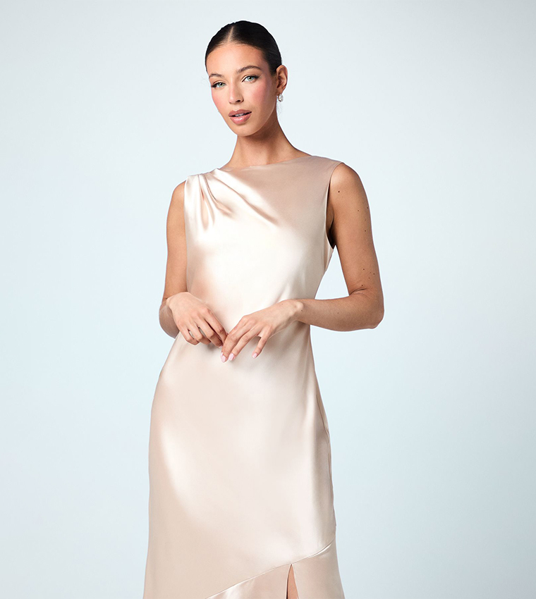 Sleeveless Tie Back Satin Bridesmaids Maxi Dress