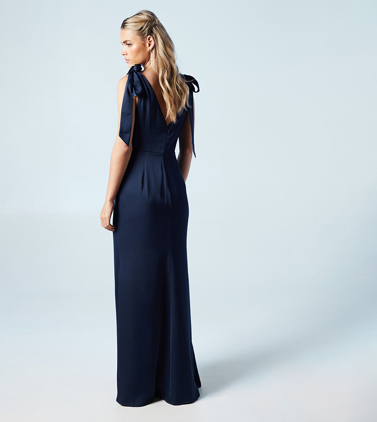 Petite Satin Back Crepe Tie Shoulder Bridesmaids Maxi Dress