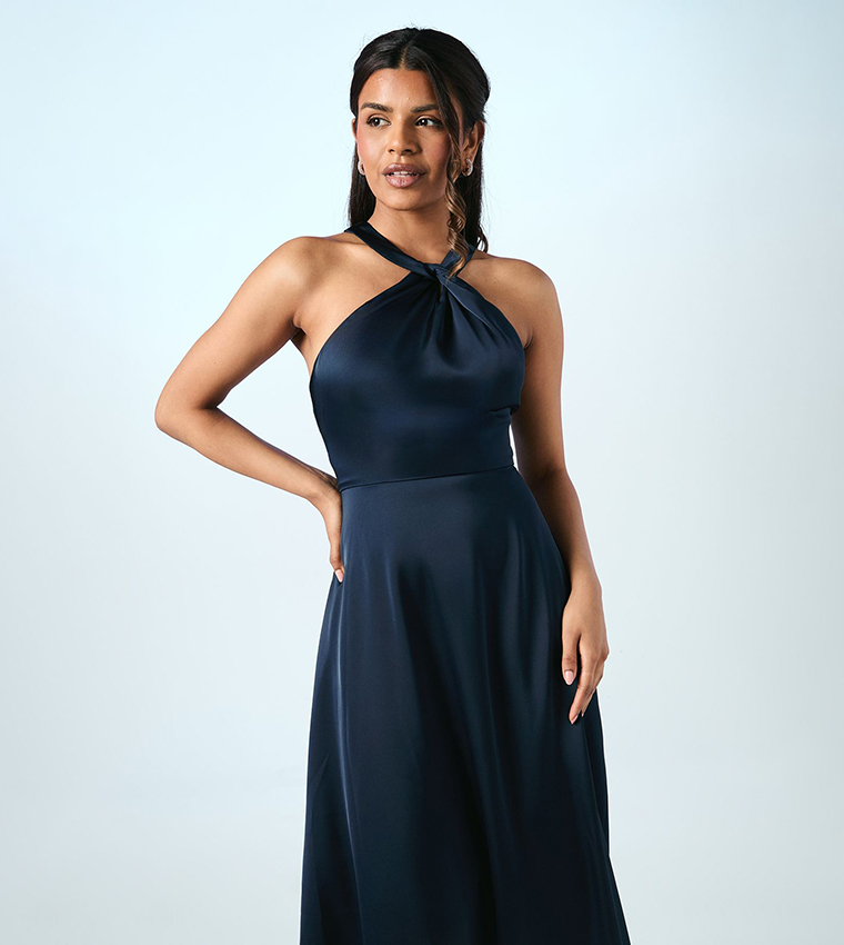 Petite Twist Halterneck Satin Maxi Bridesmaid Dress