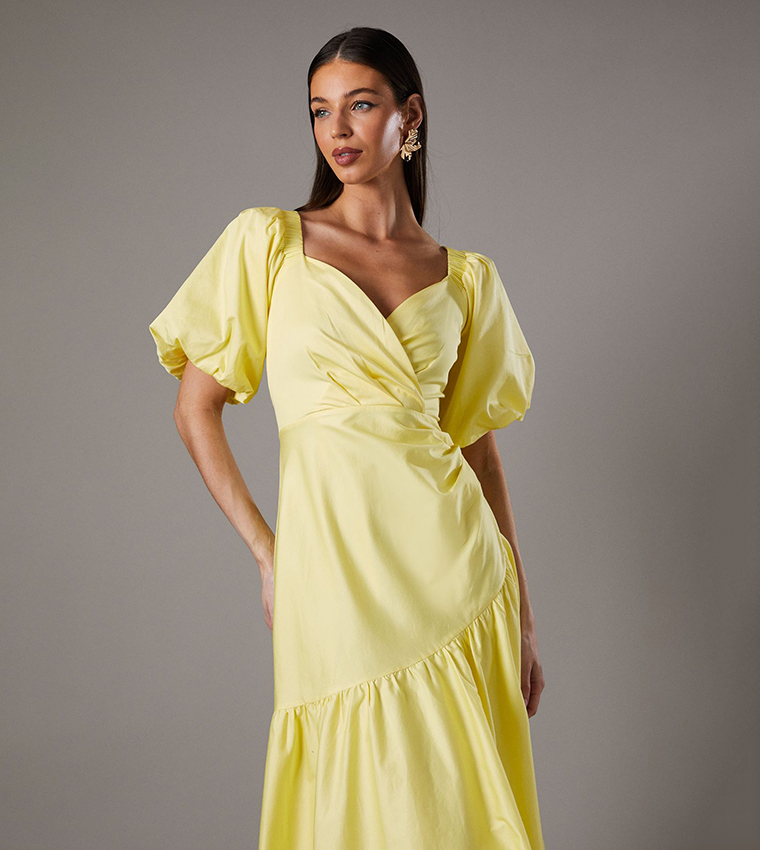 Plunge Neck Puff Sleeves Midi Dress