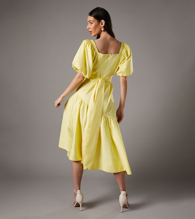 Plunge Neck Puff Sleeves Midi Dress