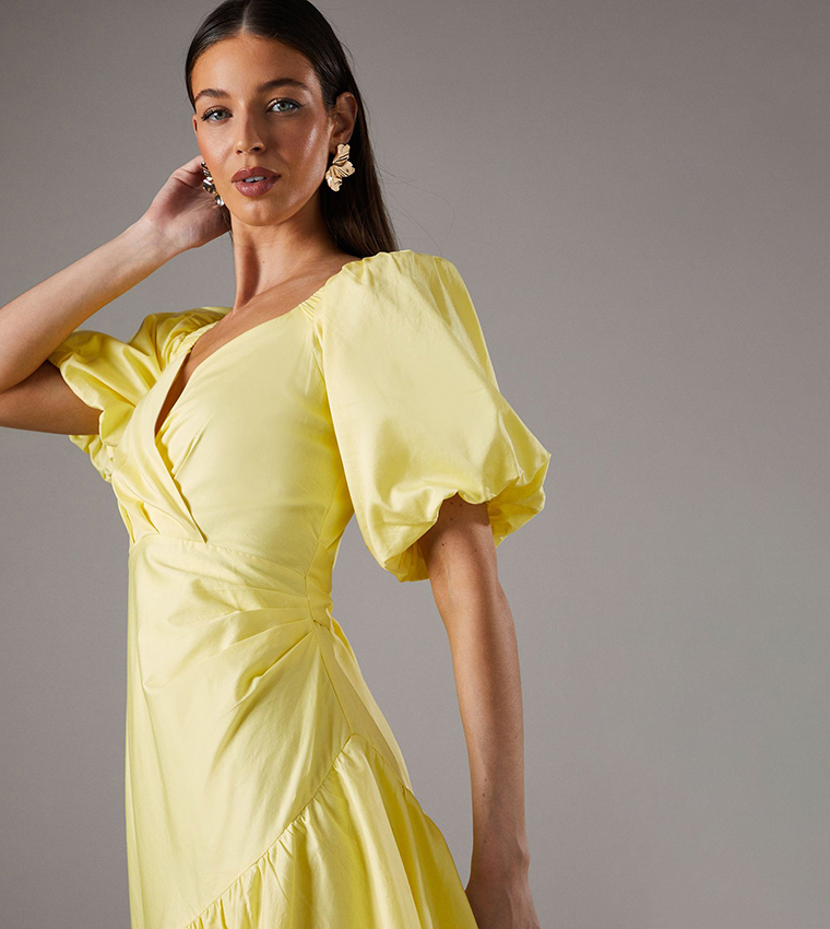 Plunge Neck Puff Sleeves Midi Dress