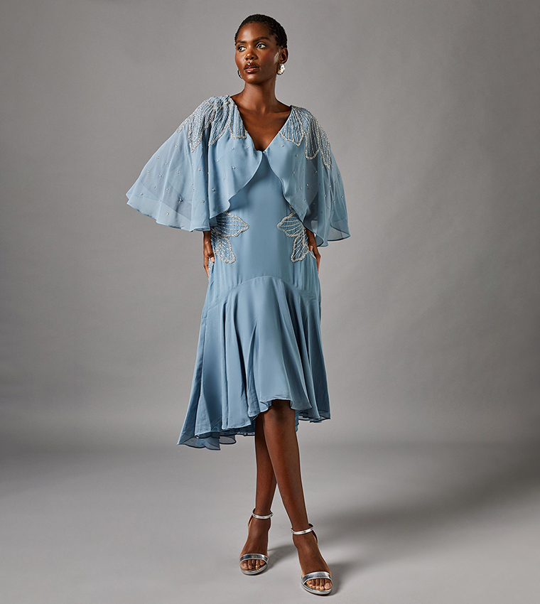 Embellished Midi Dress With Cape Sleeves