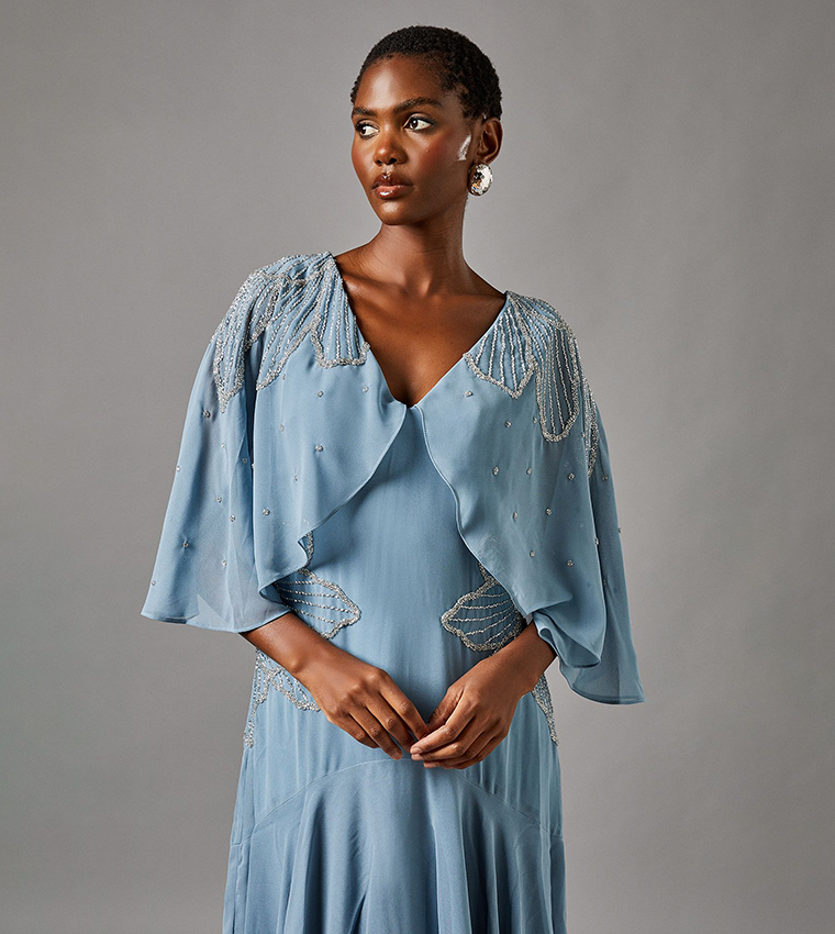 Embellished Midi Dress With Cape Sleeves