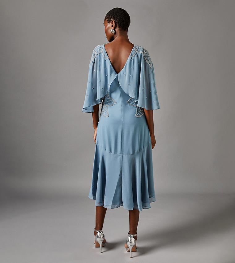 Embellished Midi Dress With Cape Sleeves