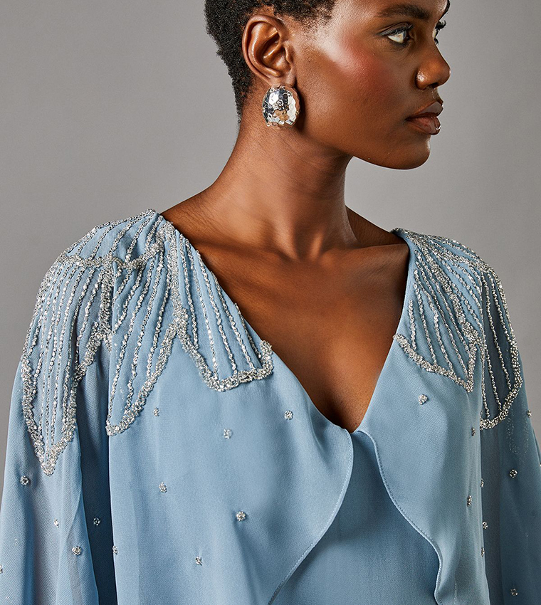Embellished Midi Dress With Cape Sleeves