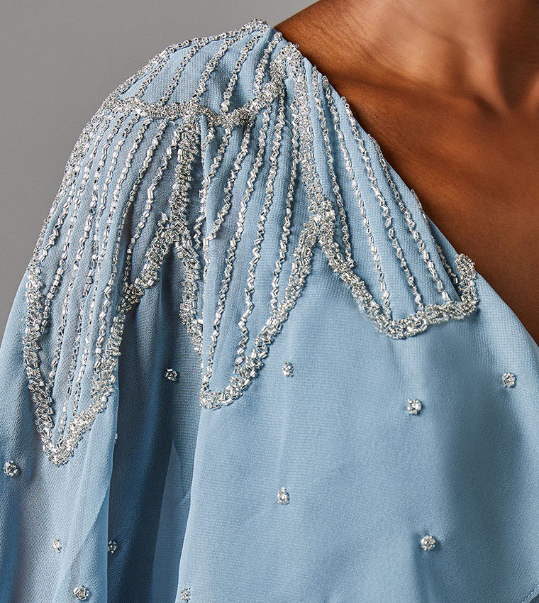 Embellished Midi Dress With Cape Sleeves