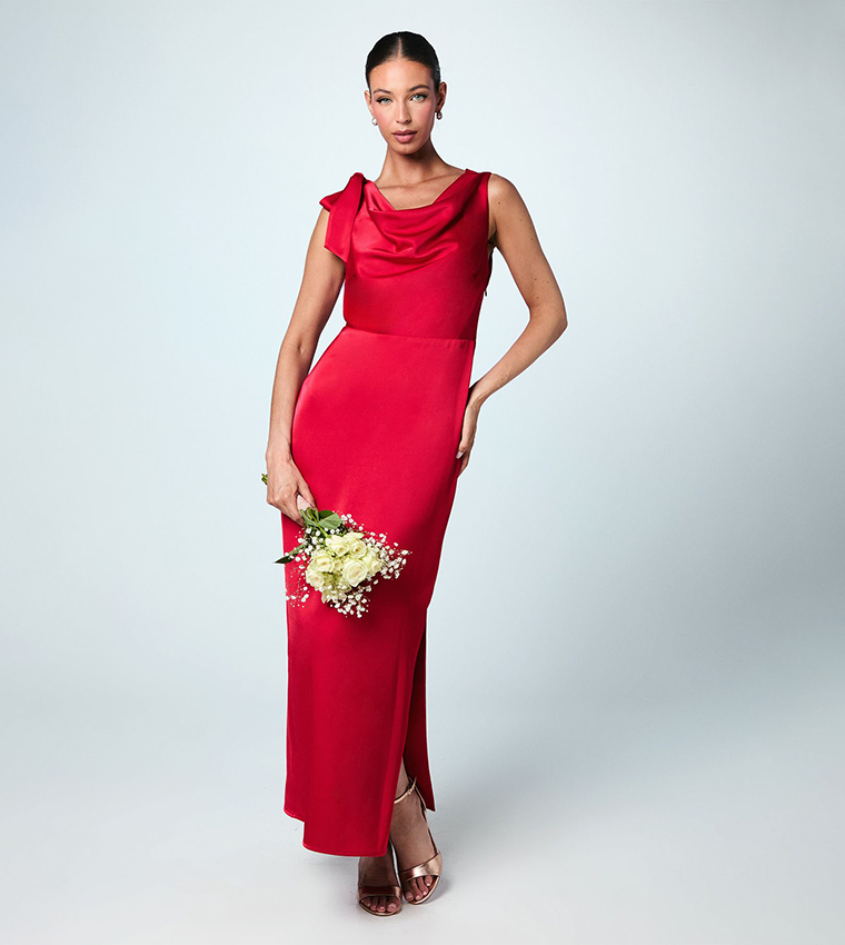 Cowl Detail Tie Shoulder Column Satin Maxi Dress