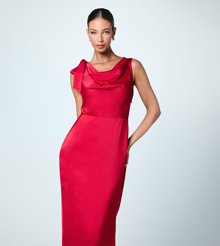 Cowl Detail Tie Shoulder Column Satin Maxi Dress