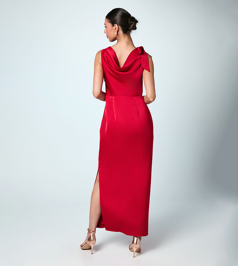 Cowl Detail Tie Shoulder Column Satin Maxi Dress