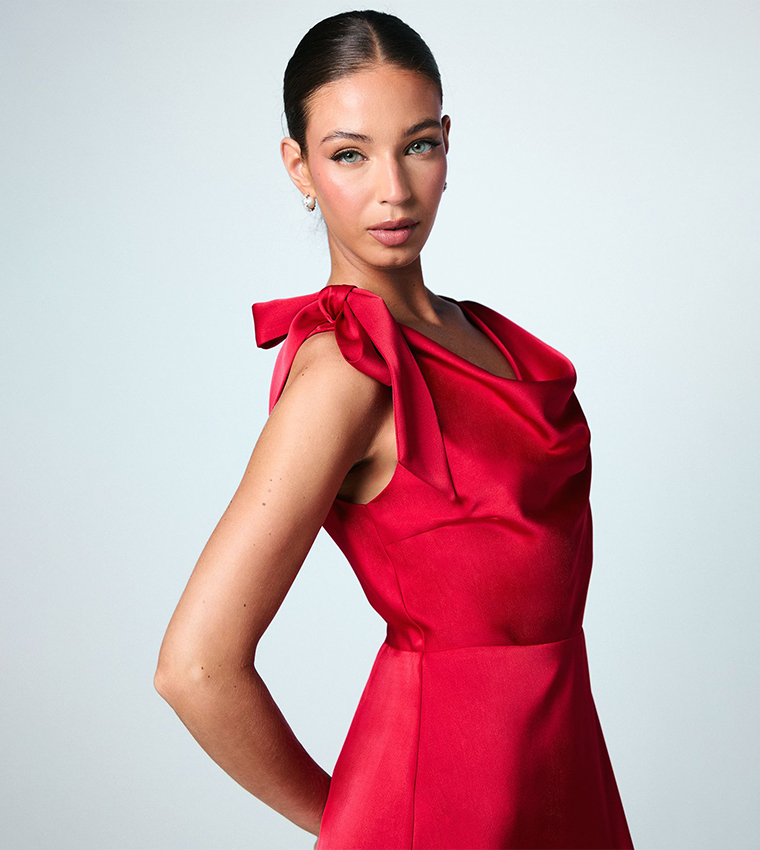 Cowl Detail Tie Shoulder Column Satin Maxi Dress