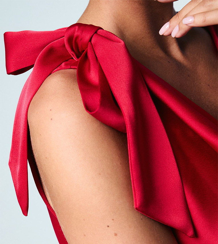 Cowl Detail Tie Shoulder Column Satin Maxi Dress