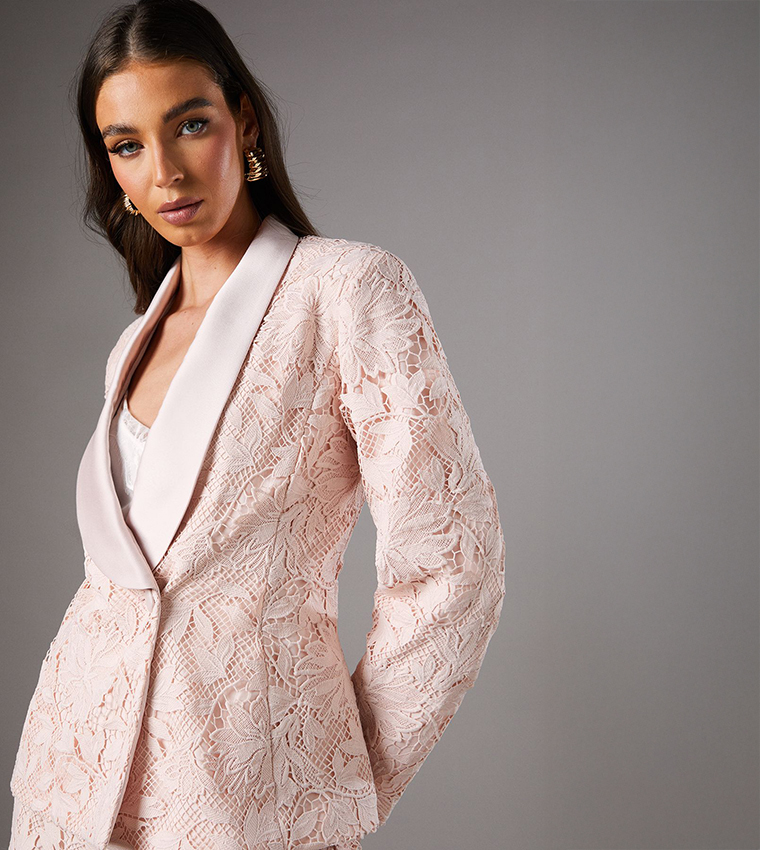 Satin Lapel Lace Double Breasted Blazer