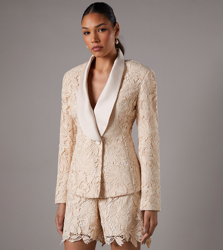 Satin Lapel Lace Double Breasted Blazer
