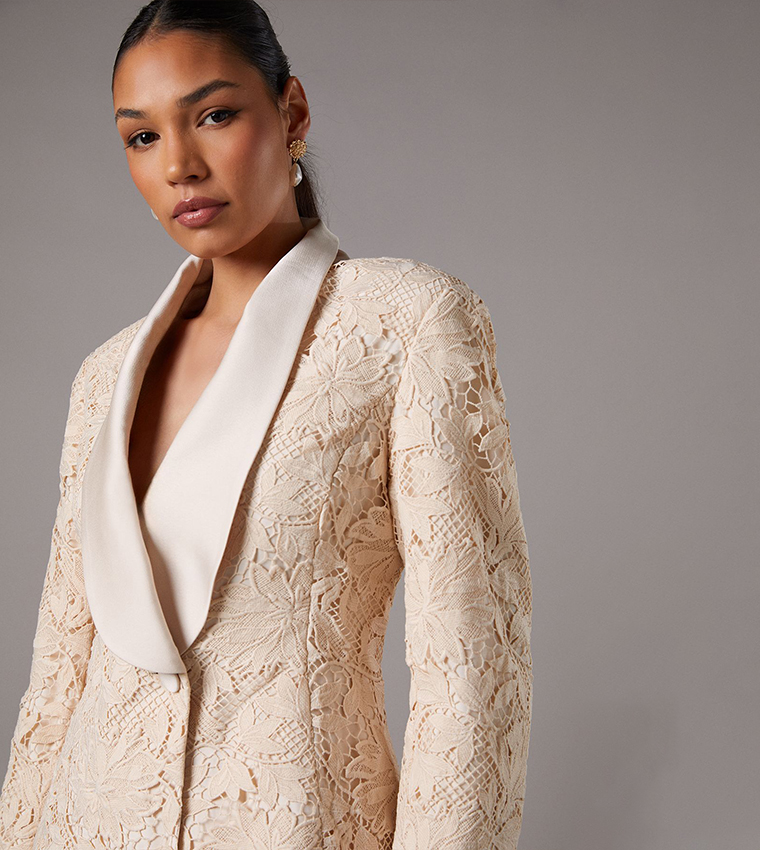 Satin Lapel Lace Double Breasted Blazer