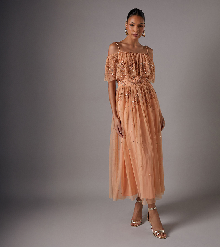 Sequined Mesh Midi Dress with Flutter Sleeves