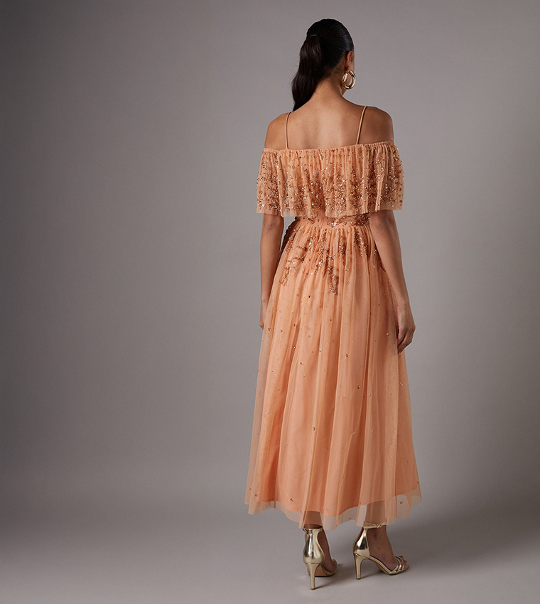 Sequined Mesh Midi Dress with Flutter Sleeves