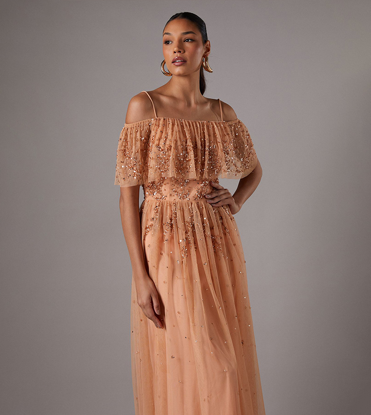 Sequined Mesh Midi Dress with Flutter Sleeves