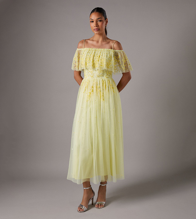 Sequined Mesh Flutter Sleeves Midaxi Dress