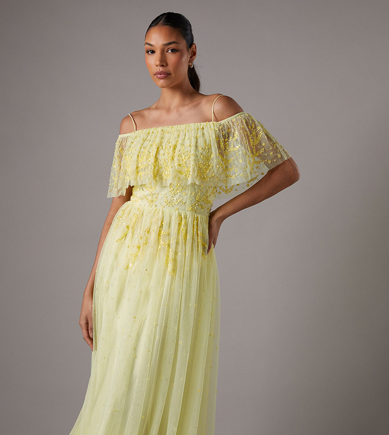 Sequined Mesh Flutter Sleeves Midaxi Dress