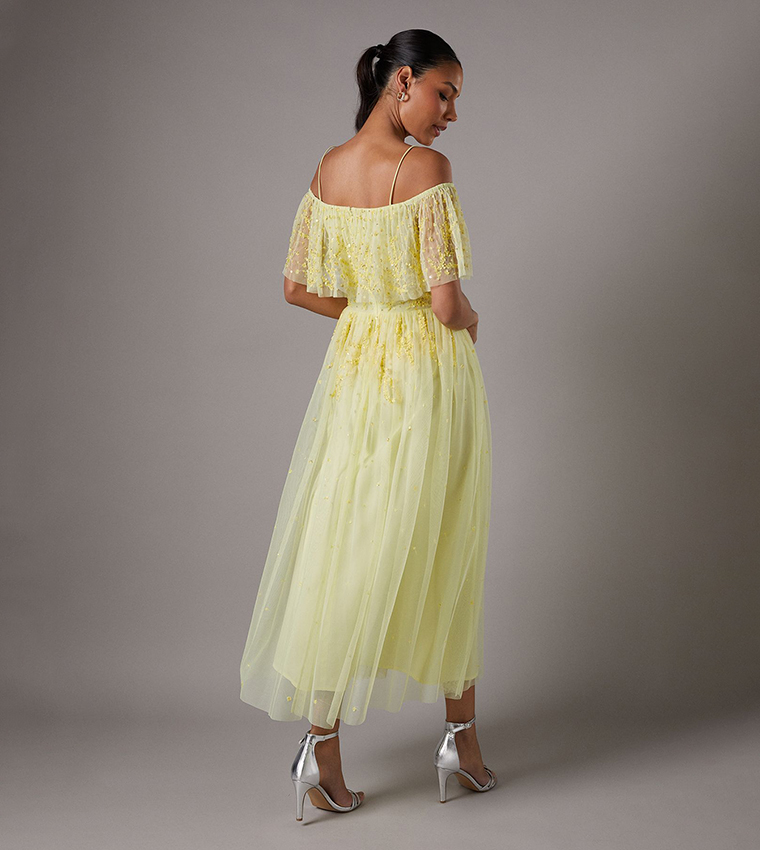 Sequined Mesh Flutter Sleeves Midaxi Dress