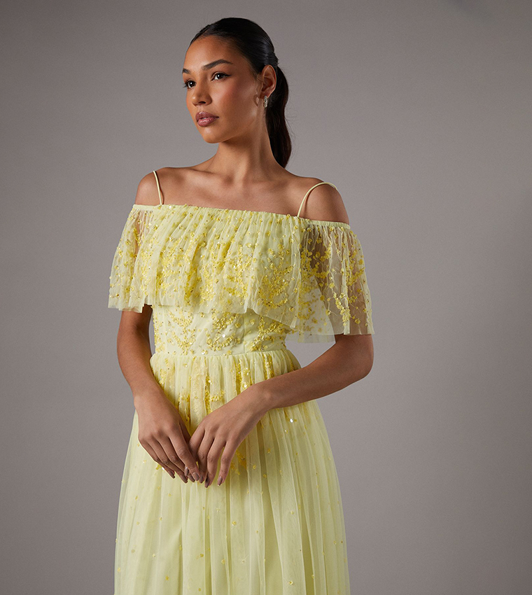 Sequined Mesh Flutter Sleeves Midaxi Dress