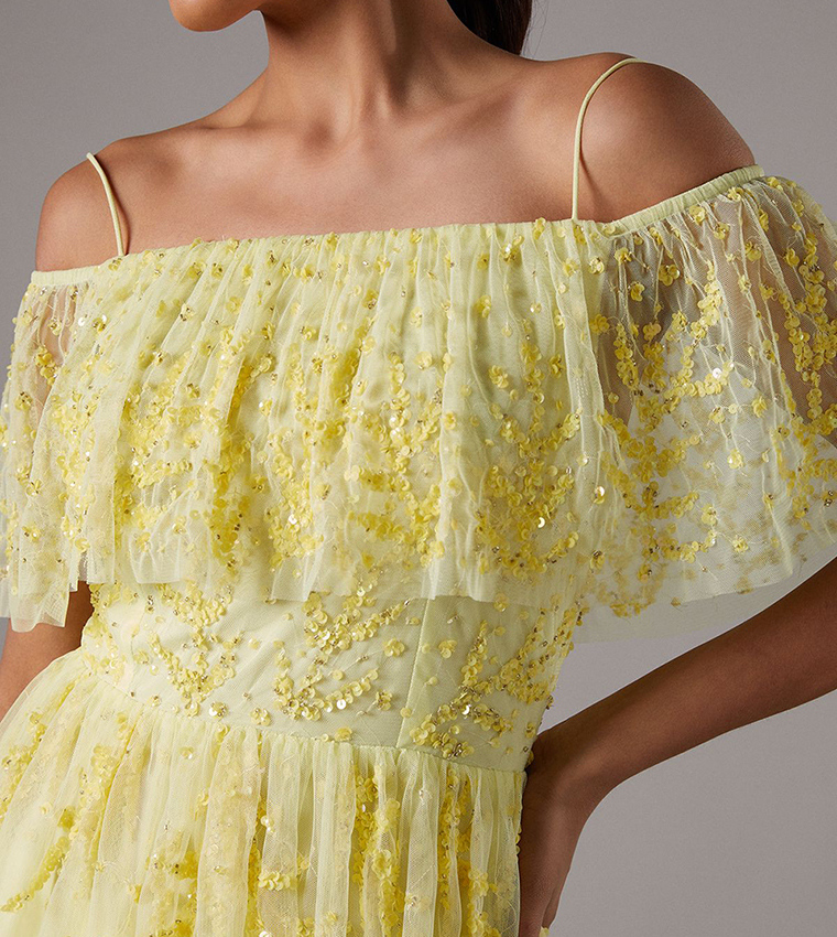 Sequined Mesh Flutter Sleeves Midaxi Dress