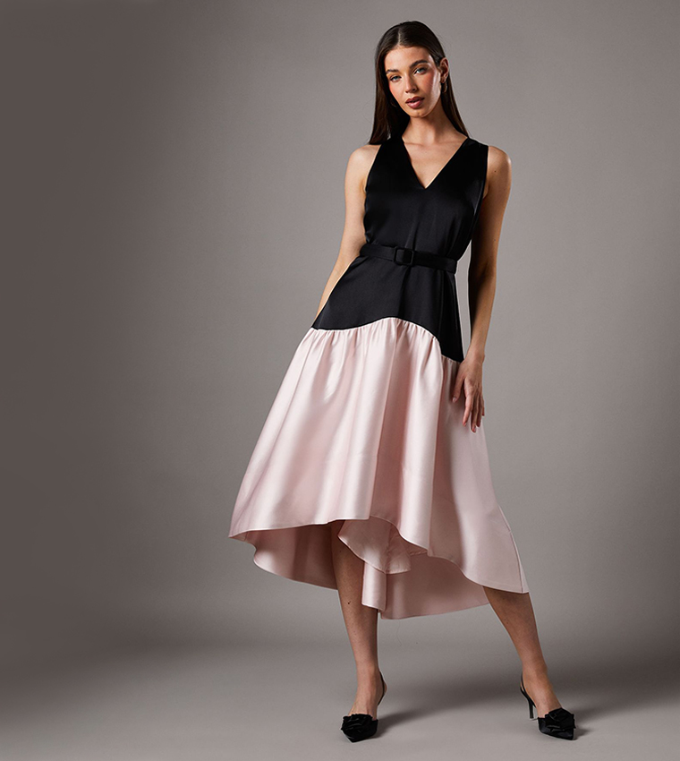 Petite Drop Waist Crepe Belted Midi Dress