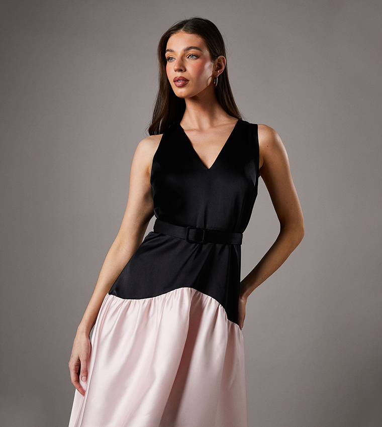 Petite Drop Waist Crepe Belted Midi Dress