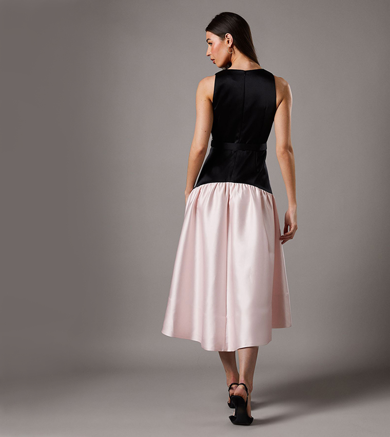 Petite Drop Waist Crepe Belted Midi Dress