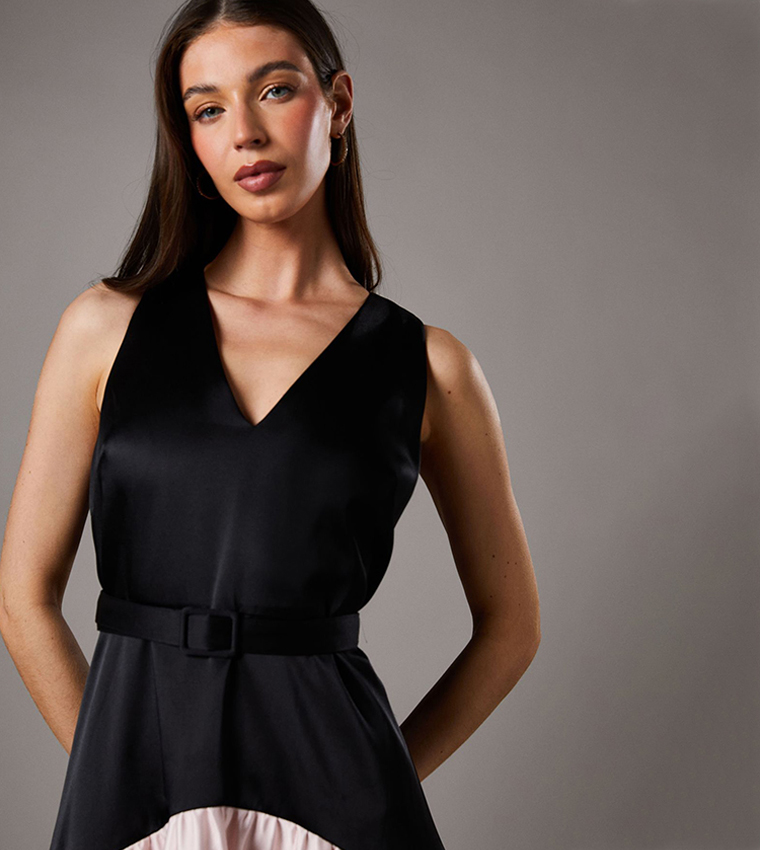 Petite Drop Waist Crepe Belted Midi Dress