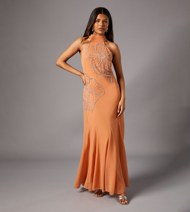 Petite Embellished Maxi Dress With Godet Pleats